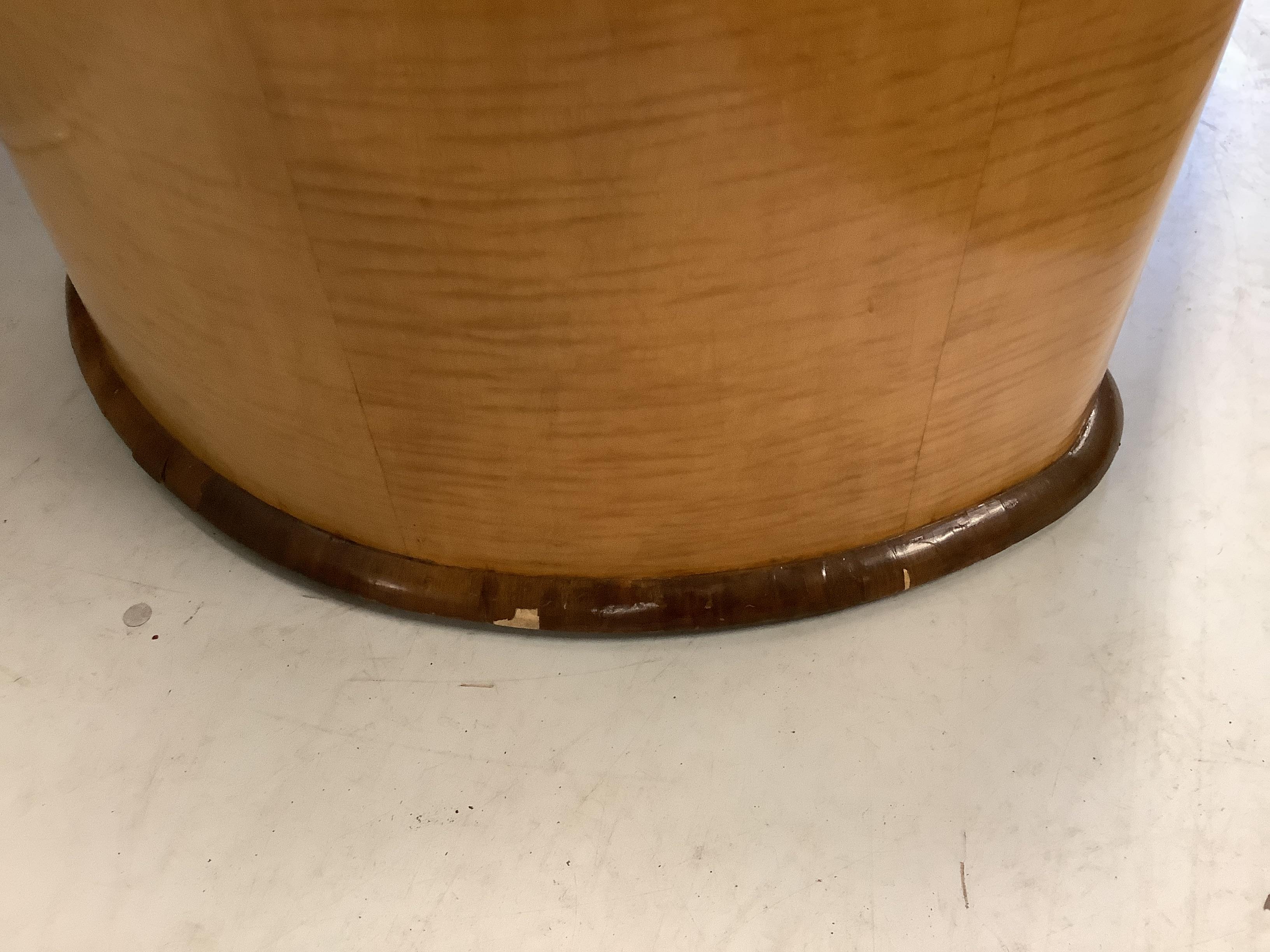 An Art Deco walnut banded satinwood dining or centre table, width 220cm, depth 98cm, height 80cm.